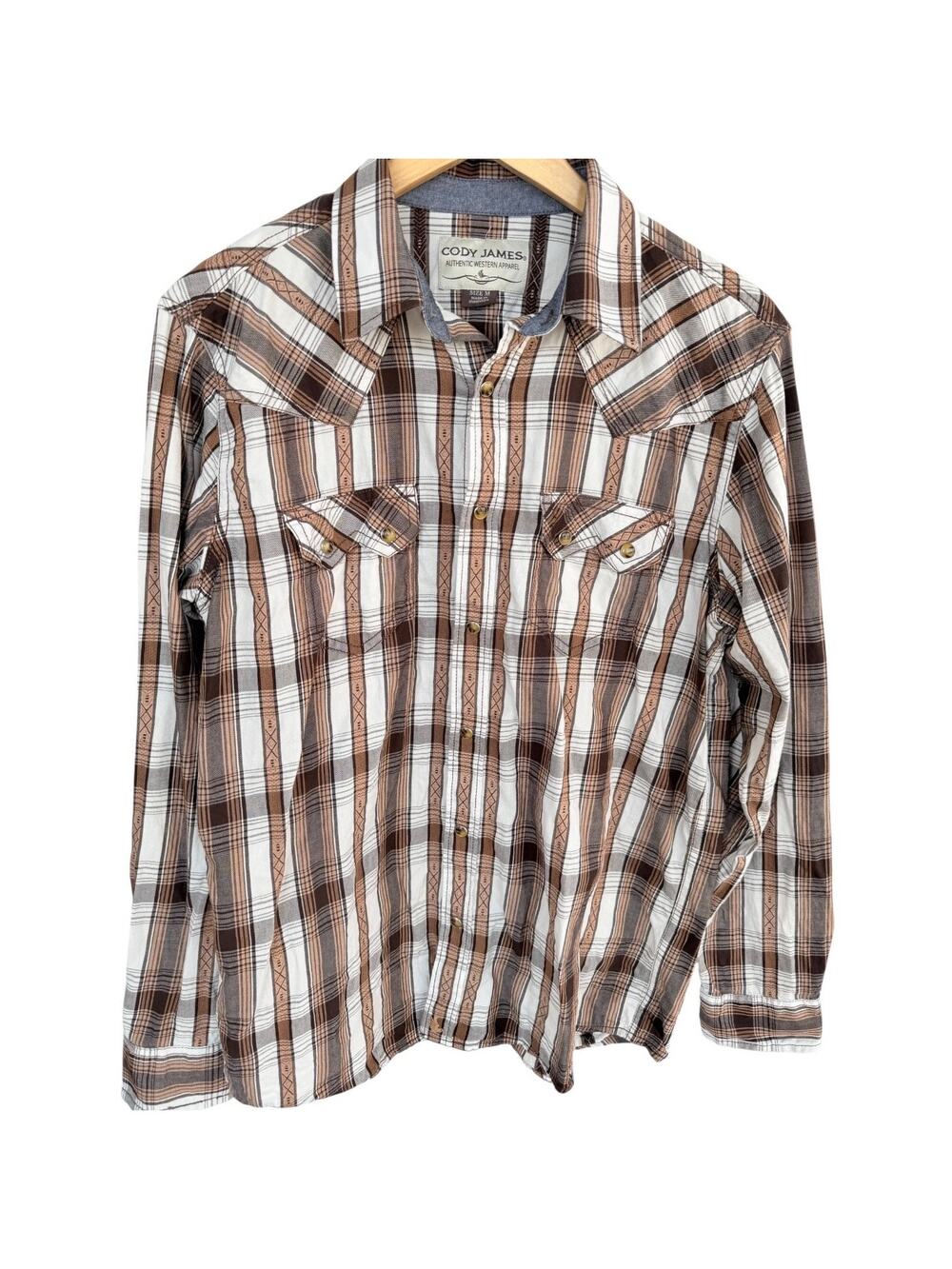 Cody James Western Shirt Mens Medium Brown White Plaid Pearl Snap Cowboy